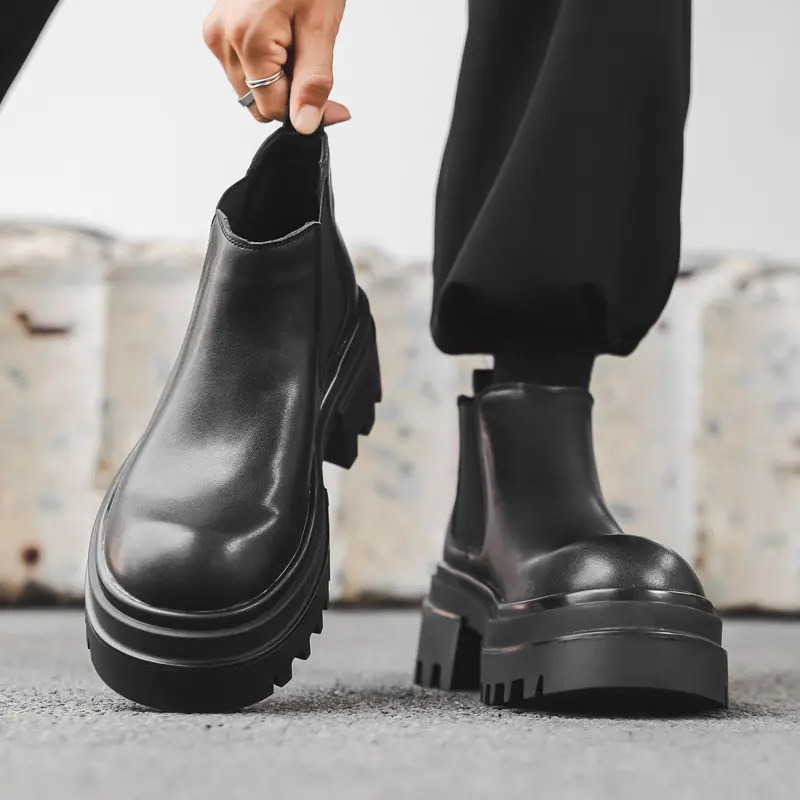 men casual business office chelsea boots black stylish original leather shoes cowboy platform boot spring autumn ankle botas man