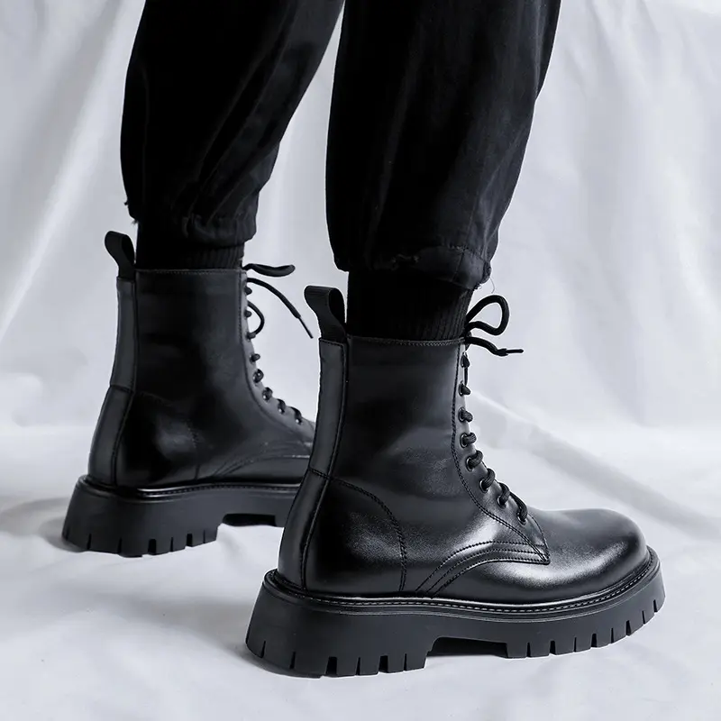 British style mens casual platform boots lace-up genuine leather shoes party nightclub dress cowboy boot high motorcycle botas