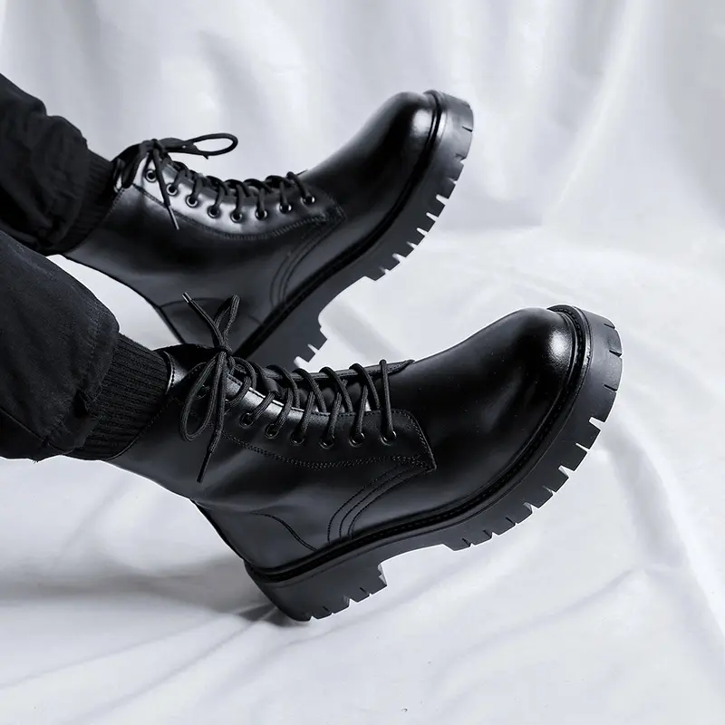 British style mens casual platform boots lace-up genuine leather shoes party nightclub dress cowboy boot high motorcycle botas