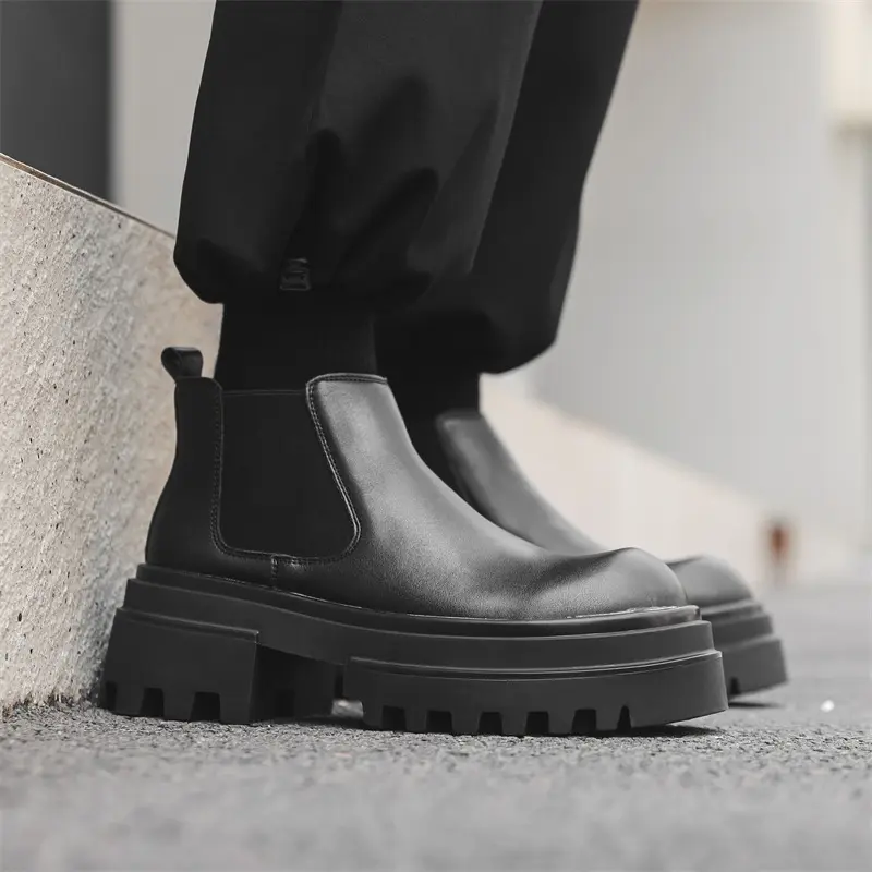 men casual business office chelsea boots black stylish original leather shoes cowboy platform boot spring autumn ankle botas man