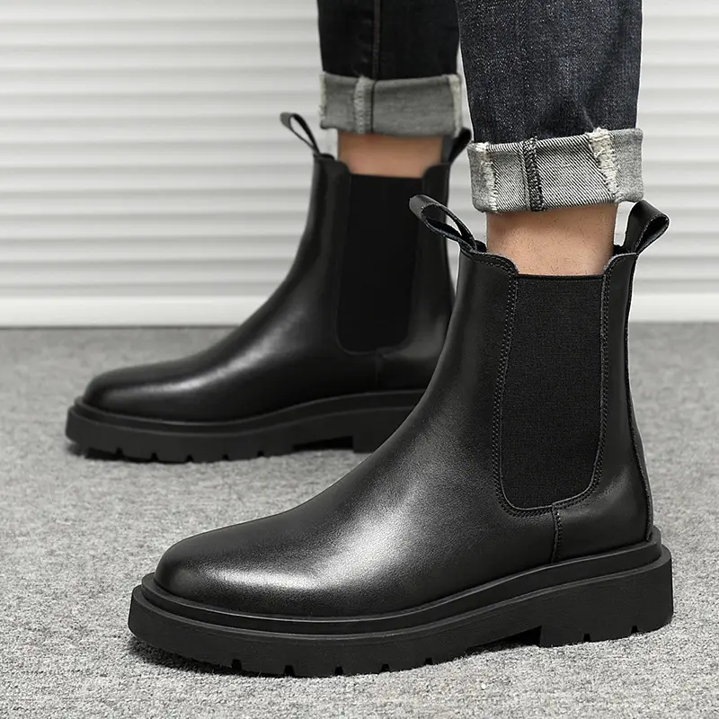 fashion high top boots for men black trend genuine leather shoes spring autumn cowboy platform boot handsome motorcycle botas