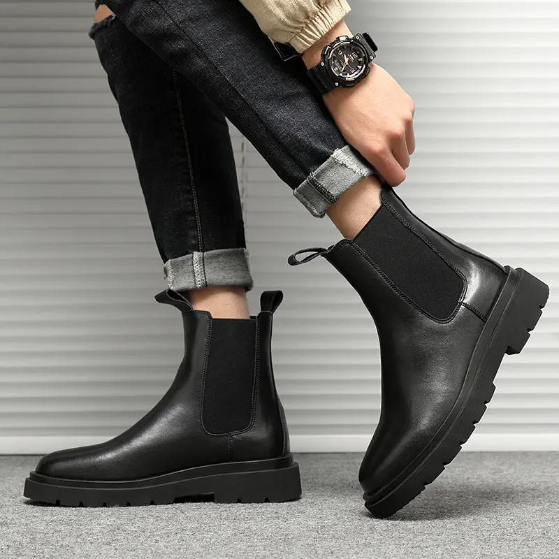 fashion high top boots for men black trend genuine leather shoes spring autumn cowboy platform boot handsome motorcycle botas