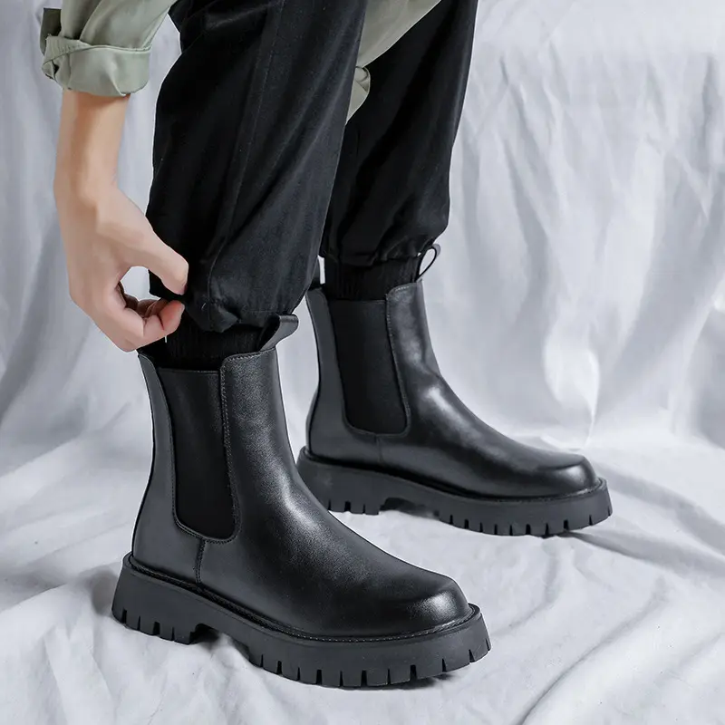 men fashion platform boots black trend autumn winter shoes high cowboy genuine leather boot handsome long chelsea botas zapatos