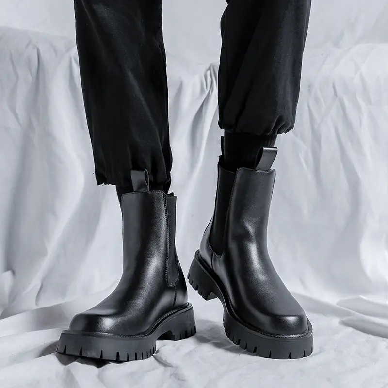 men fashion platform boots black trend autumn winter shoes high cowboy genuine leather boot handsome long chelsea botas zapatos