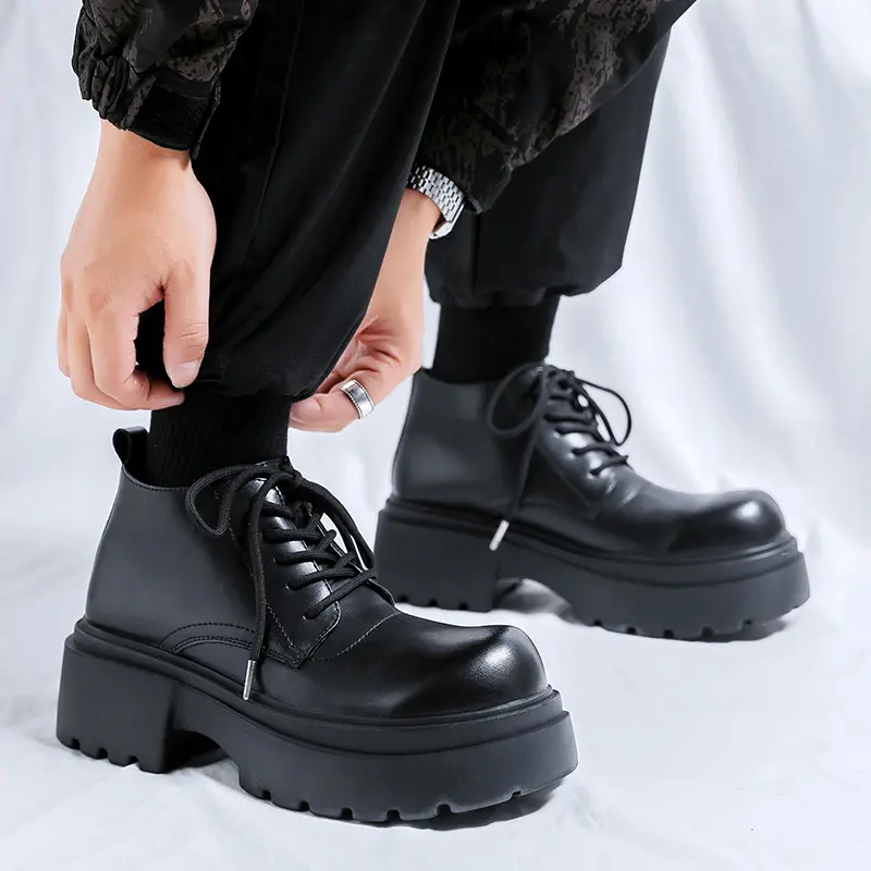 men's fashion party prom platform boots black stylish autumn winter shoes cowboy genuine leather boot big toe ankle botas hombre