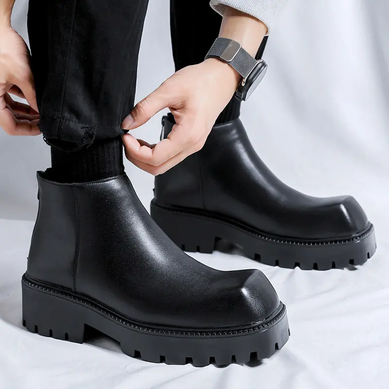 England style mens fashion chelsea boots black tide platform shoes square toe original leather boot spring autumn ankle botas