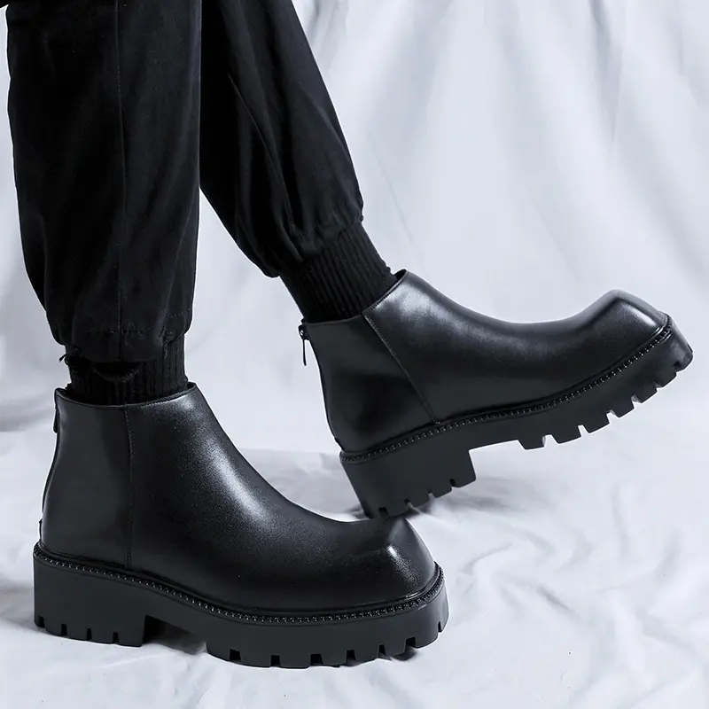 England style mens fashion chelsea boots black tide platform shoes square toe original leather boot spring autumn ankle botas