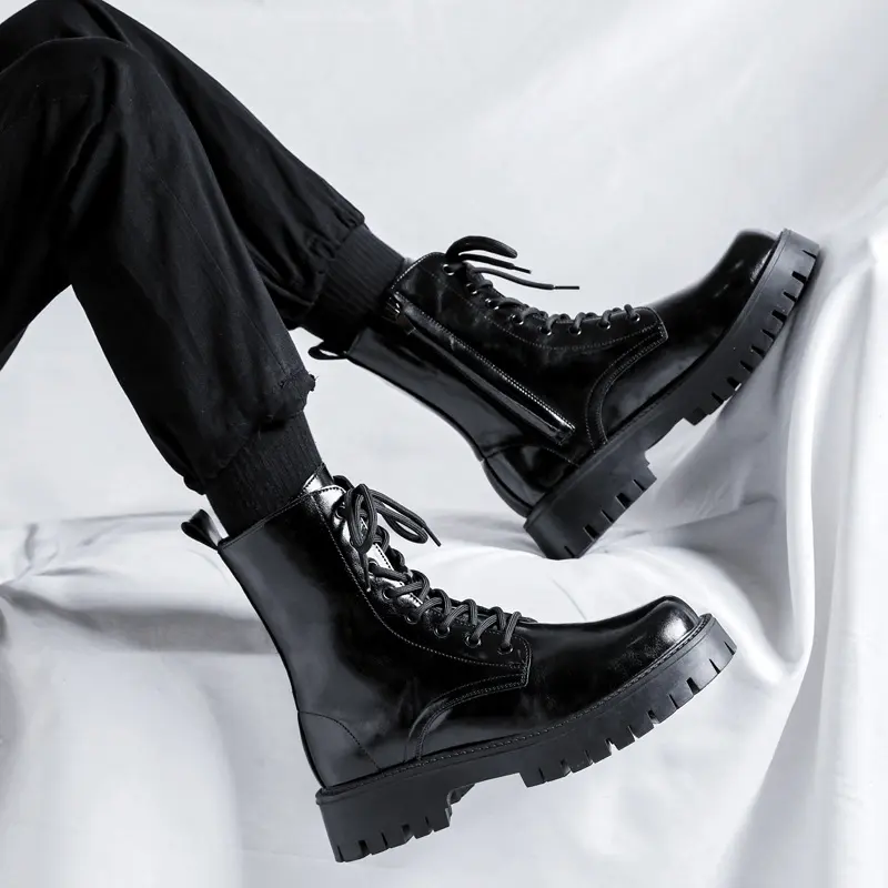 England style mens fashion motorcycle boots black trend platform shoes lace-up cowboy original leather boot cool short botas man