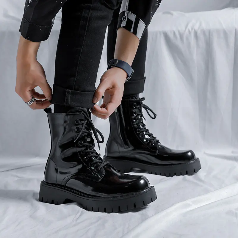England style mens fashion motorcycle boots black trend platform shoes lace-up cowboy original leather boot cool short botas man