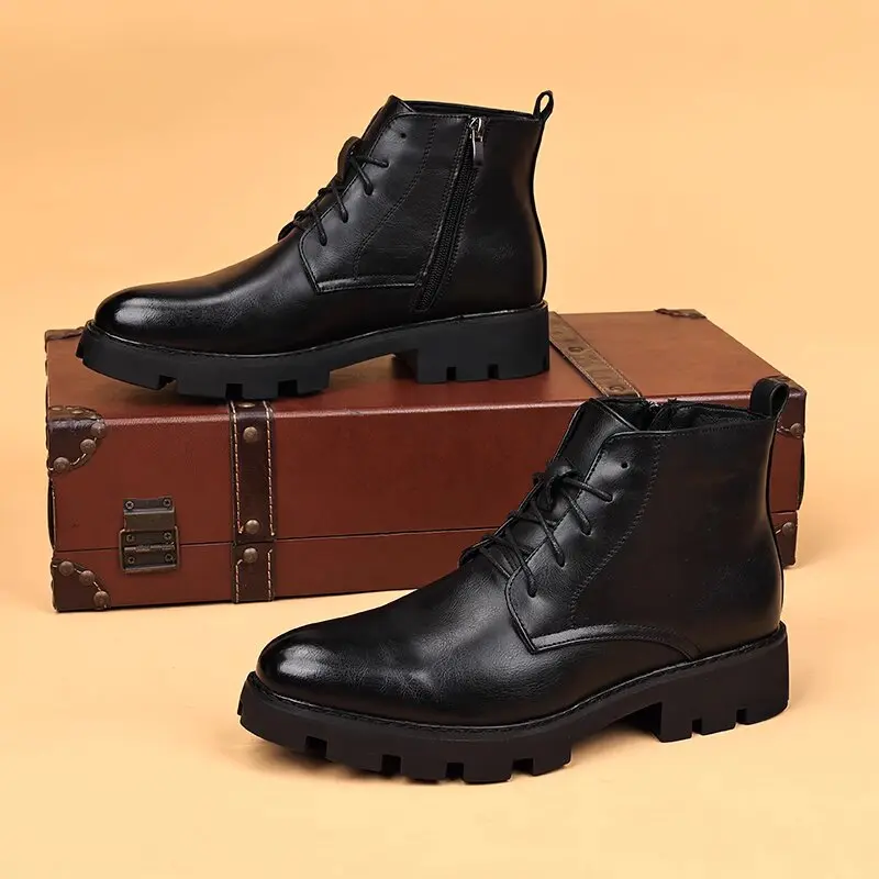 mens casual natural leather boots black stylish autumn winter shoes cowboy platform boot business office ankle botas masculinas