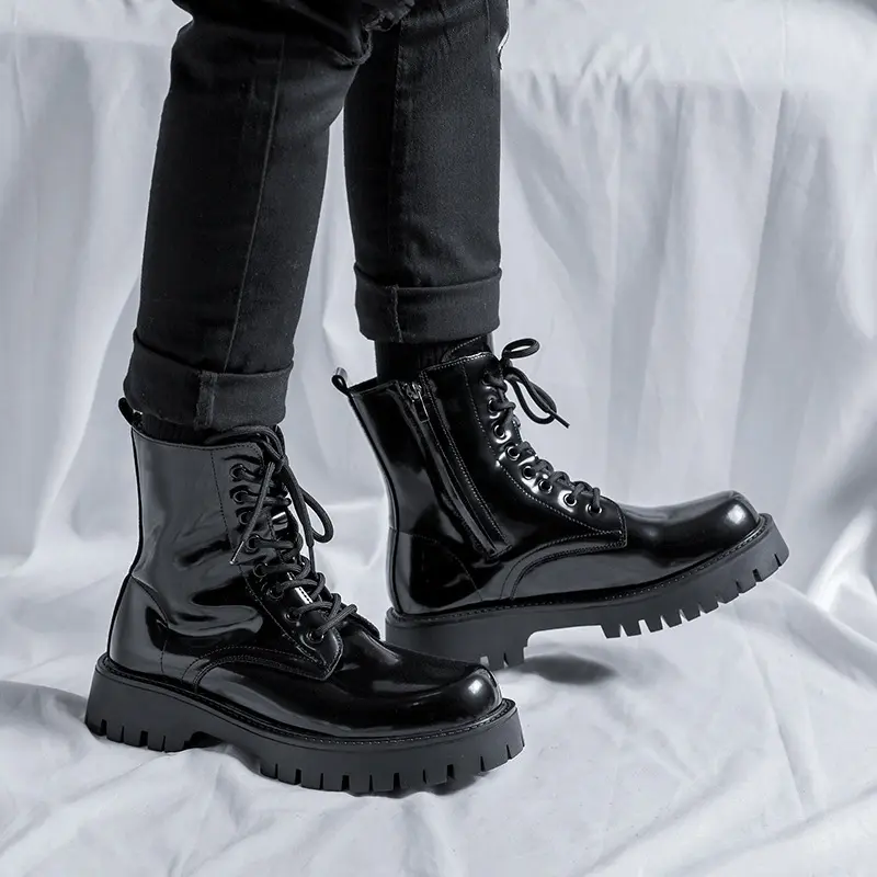 England style mens fashion motorcycle boots black trend platform shoes lace-up cowboy original leather boot cool short botas man