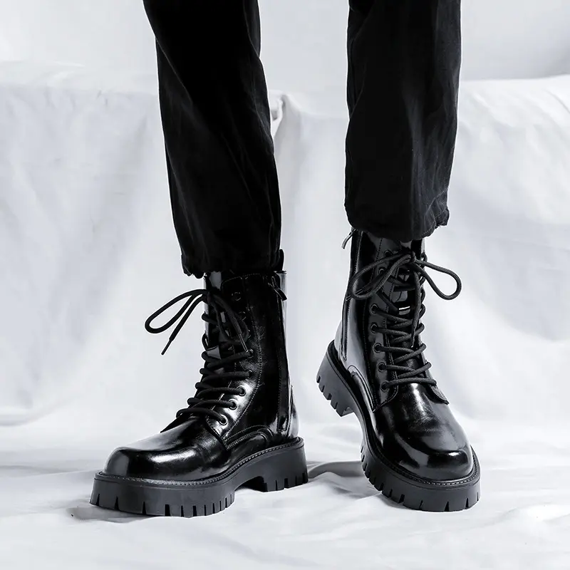 England style mens fashion motorcycle boots black trend platform shoes lace-up cowboy original leather boot cool short botas man