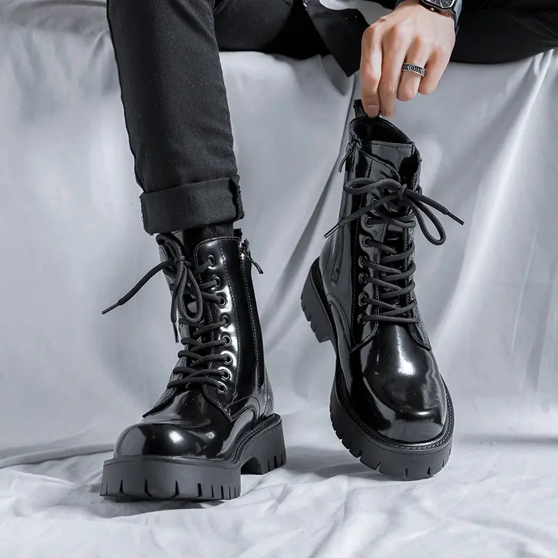 England style mens fashion motorcycle boots black trend platform shoes lace-up cowboy original leather boot cool short botas man