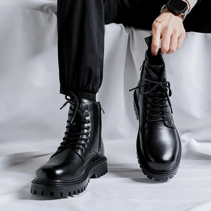 mens casual original leather boots black tide platform shoes business office dress cowboy ankle boot handsome short botas hombre