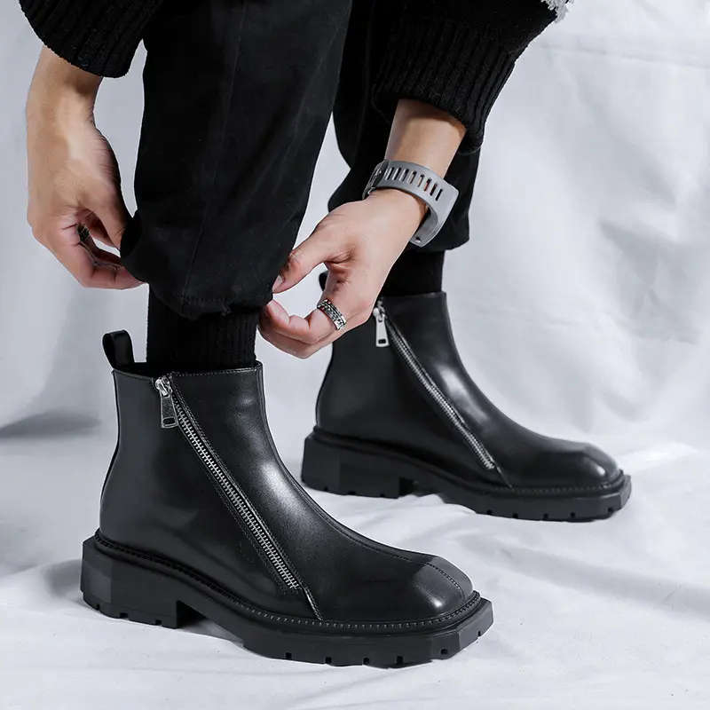 men luxury fashion chelsea boots black trend square toe shoes brand designer original leather boot cowboy platform ankle botas