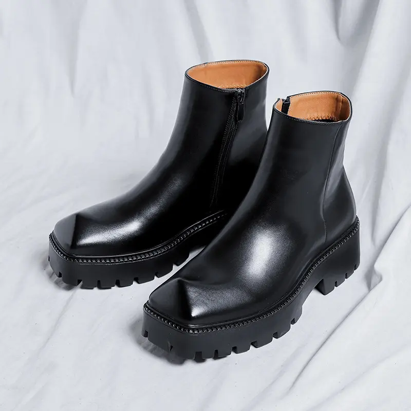 men luxury fashion chelsea boots brand designer pointed toe shoes stage nightclub original leather boot platform short botas man