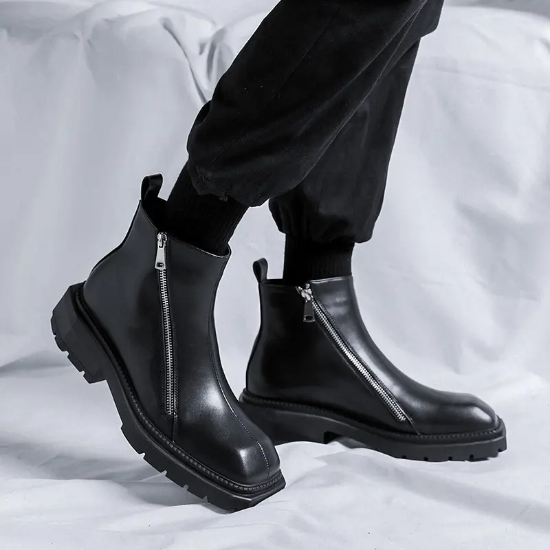men luxury fashion chelsea boots black trend square toe shoes brand designer original leather boot cowboy platform ankle botas