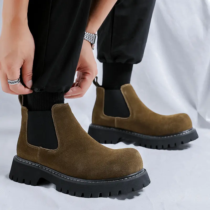 men fashion chelsea boots slip-on cow suede leather shoes outdoors cowboy desert boot big toe handsome platform ankle botas mans