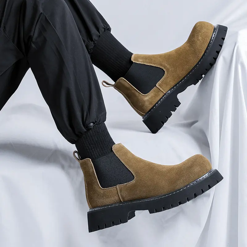 men fashion chelsea boots slip-on cow suede leather shoes outdoors cowboy desert boot big toe handsome platform ankle botas mans