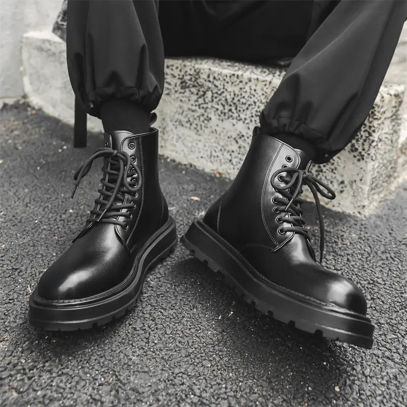 England style men's fashion autumn winter boots lace-up genuine leather shoes cowboy platform boot cool high motorcycle botas