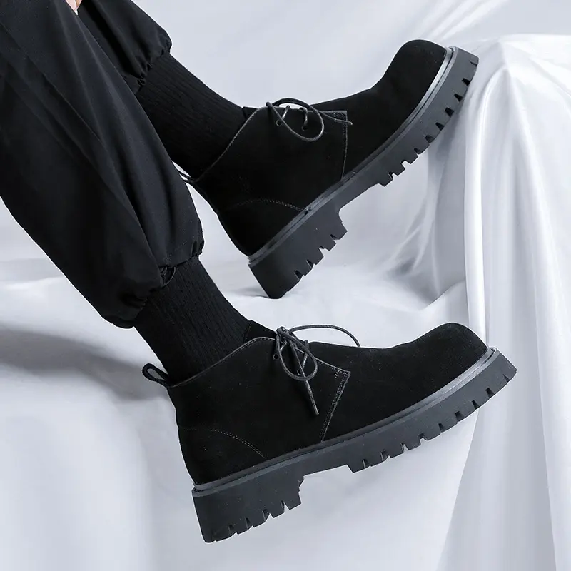 mens casual cowboy desert boots lace-up cow suede leather shoes outdoors platform ankle boot street style chunky short botas man