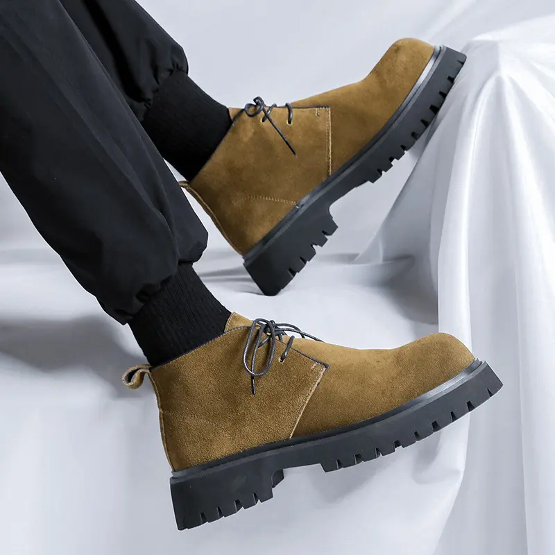 mens casual cowboy desert boots lace-up cow suede leather shoes outdoors platform ankle boot street style chunky short botas man