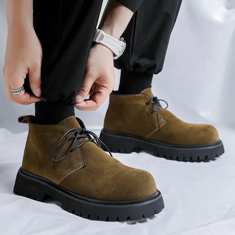 mens casual cowboy desert boots lace-up cow suede leather shoes outdoors platform ankle boot street style chunky short botas man