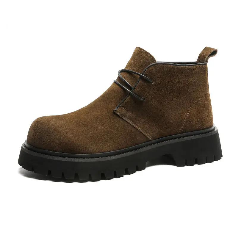 mens casual cowboy desert boots lace-up cow suede leather shoes outdoors platform ankle boot street style chunky short botas man