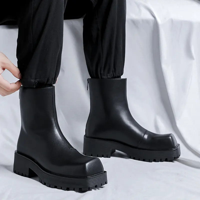 mens fashion high chelsea boots brand designer square toe shoes cowboy original leather boot platform motorcycle botas zapatos