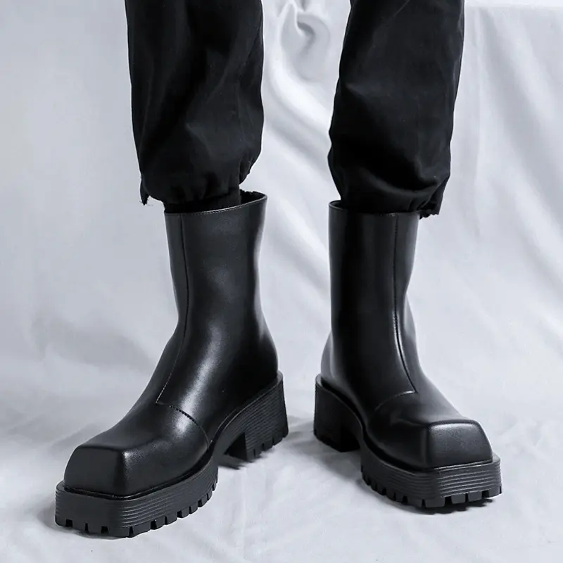 mens fashion high chelsea boots brand designer square toe shoes cowboy original leather boot platform motorcycle botas zapatos