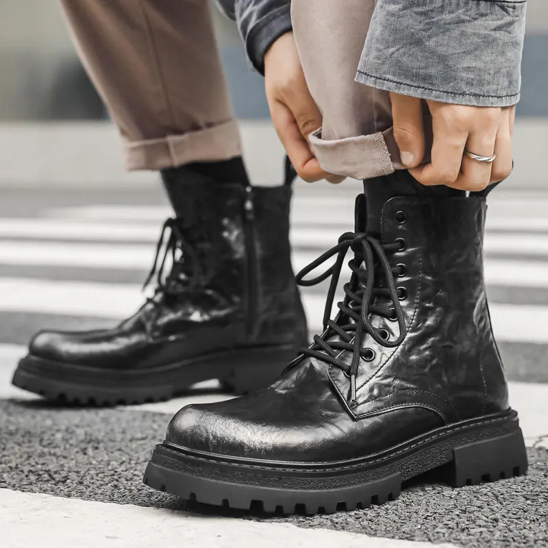 England style mens fashion platform boots lace-up genuine leather shoes cowboy high boot handsome long motorcycle botas hombre