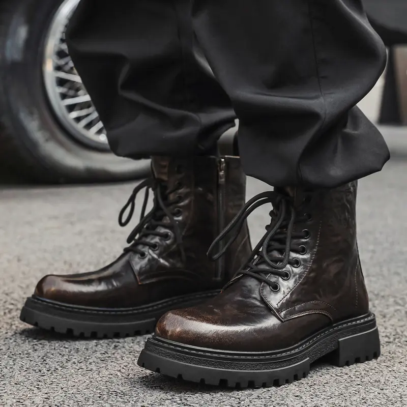 England style mens fashion platform boots lace-up genuine leather shoes cowboy high boot handsome long motorcycle botas hombre