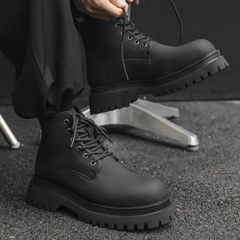 men's casual platform boots lace-up genuine leather shoes black stylish cowboy ankle boot party banquet dress cool short botas