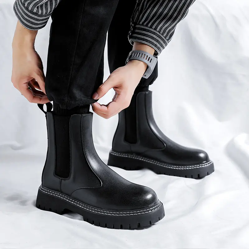 mens fashion high chelsea boots slip-on original leather shoes cowboy platform boot party banquet handsome long motorcycle botas