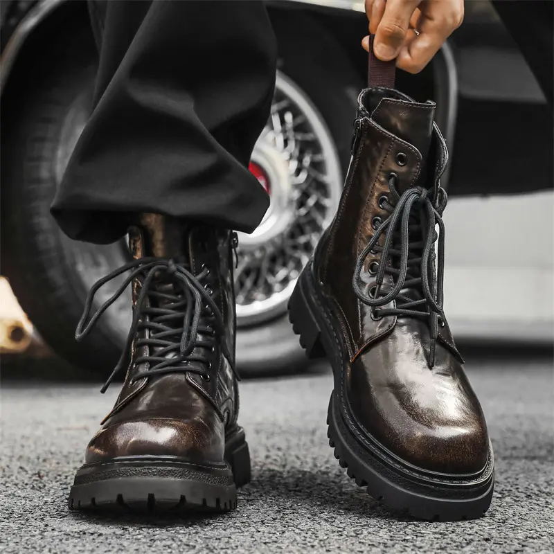England style mens fashion platform boots lace-up genuine leather shoes cowboy high boot handsome long motorcycle botas hombre