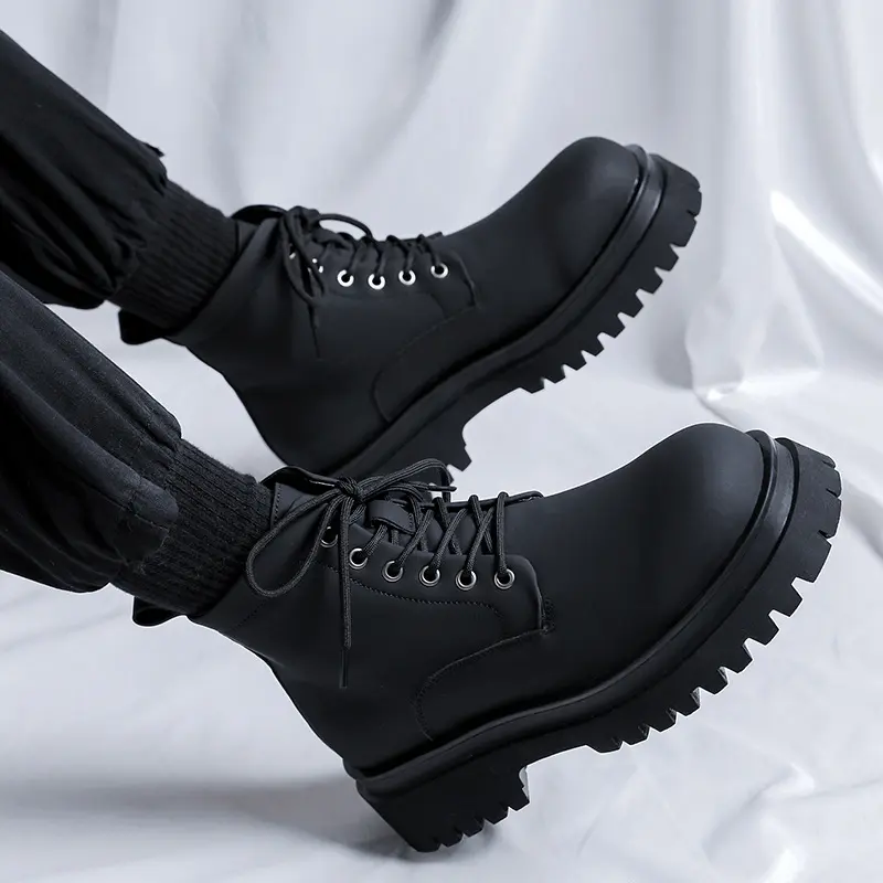 men's casual platform boots lace-up genuine leather shoes black stylish cowboy ankle boot party banquet dress cool short botas