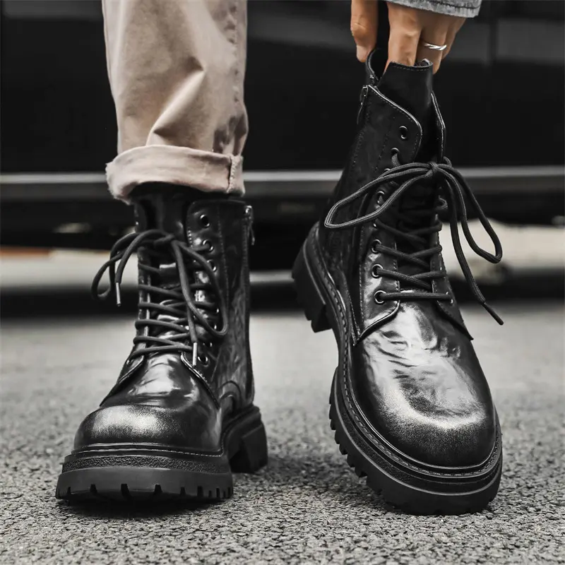 England style mens fashion platform boots lace-up genuine leather shoes cowboy high boot handsome long motorcycle botas hombre