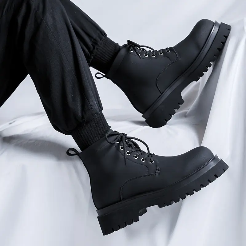 men's casual platform boots lace-up genuine leather shoes black stylish cowboy ankle boot party banquet dress cool short botas