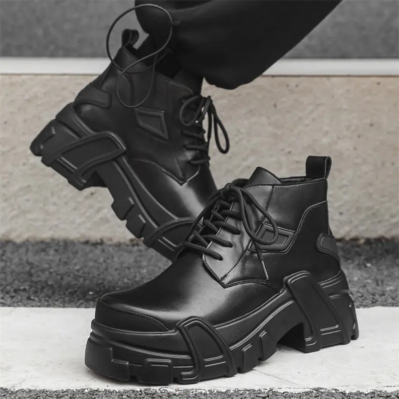 mens luxury fashion punk rock dress platform shoes black stylish original leather shoes cowboy ankle boot designer short botas