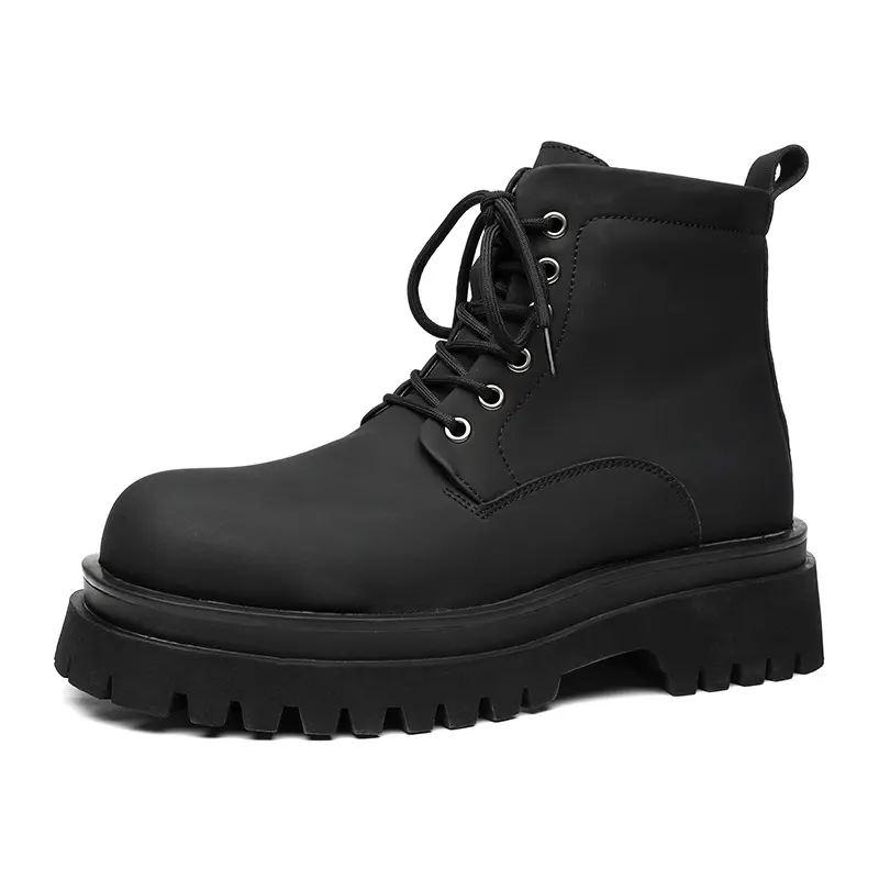 men's casual platform boots lace-up genuine leather shoes black stylish cowboy ankle boot party banquet dress cool short botas