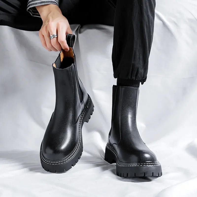 mens fashion high chelsea boots slip-on original leather shoes cowboy platform boot party banquet handsome long motorcycle botas