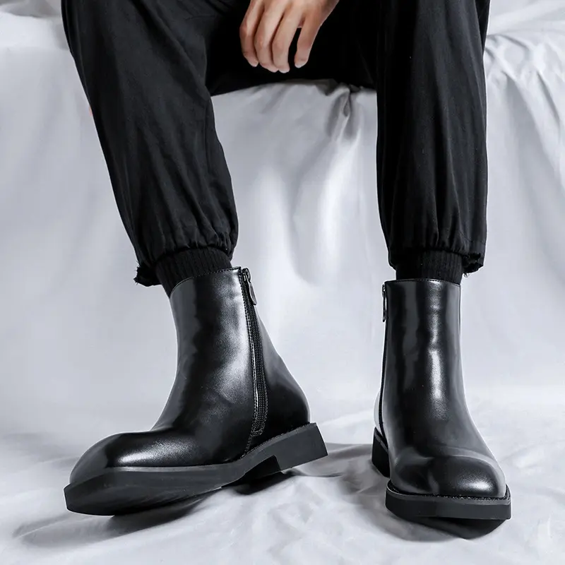 England style mens chelsea boots fashion square toe shoes stage nightclub dress cowboy genuine leather boot black short botas