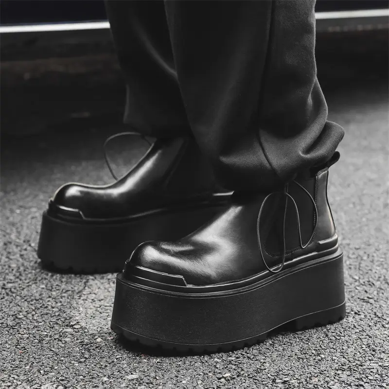 men's fashion punk hip hop high platform boots slip-on natural leather shoes cowboy chunky boot designer ankle chelsea botas man