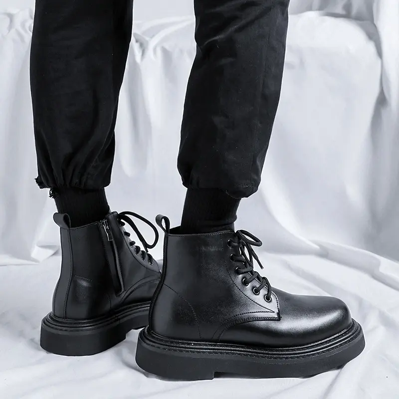 England style men's casual platform boots lace-up original leather shoes black tide cowboy short boot spring autumn ankle botas