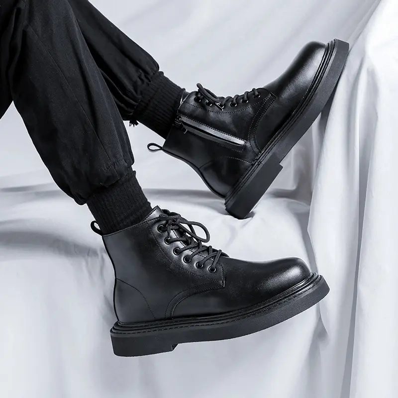 England style men's casual platform boots lace-up original leather shoes black tide cowboy short boot spring autumn ankle botas