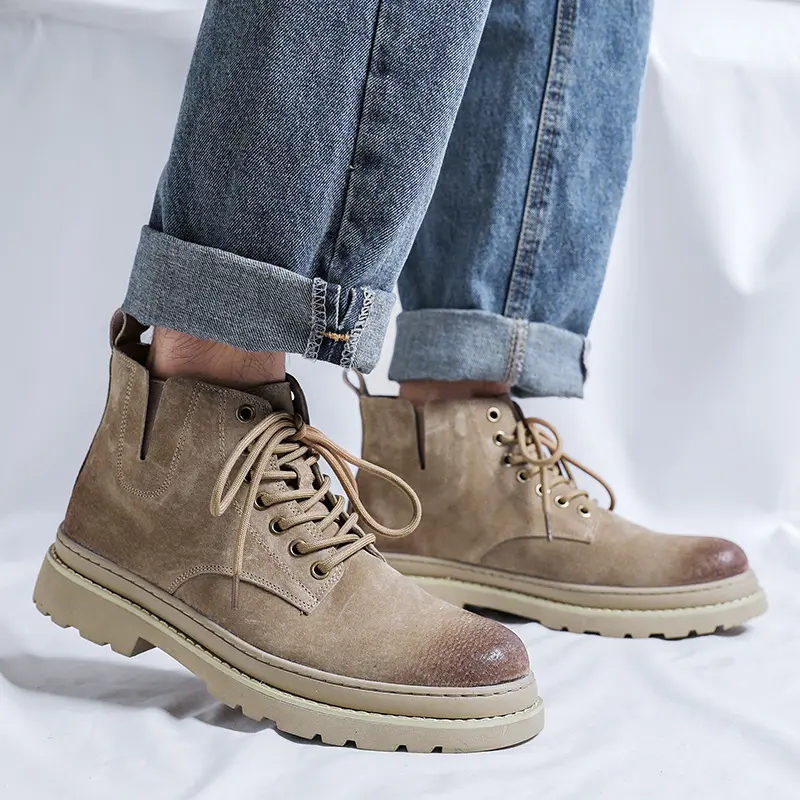 mens casual desert boots cow suede leather shoes cowboy tooling work boot youth street style spring autumn ankle platform botas