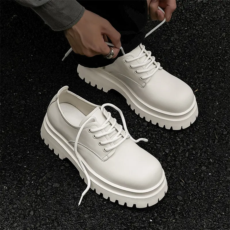 large size mens casual business office platform shoes lace-up genuine leather derby shoe black white sneakers gentleman footwear