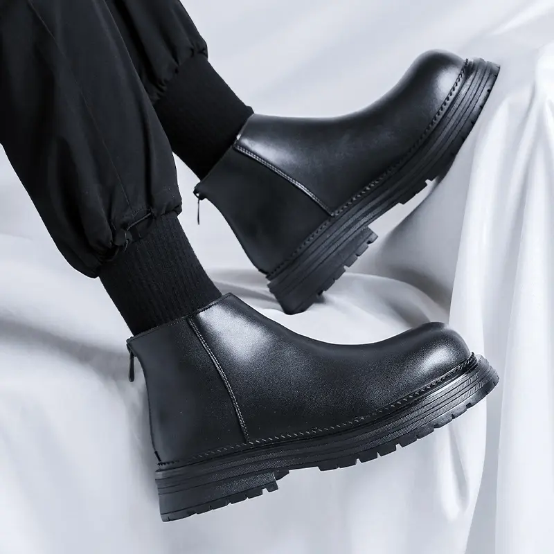 mens fashion genuine leather boots black trendy platform shoes party banquet dress cowboy ankle boot autumn winter chelsea botas