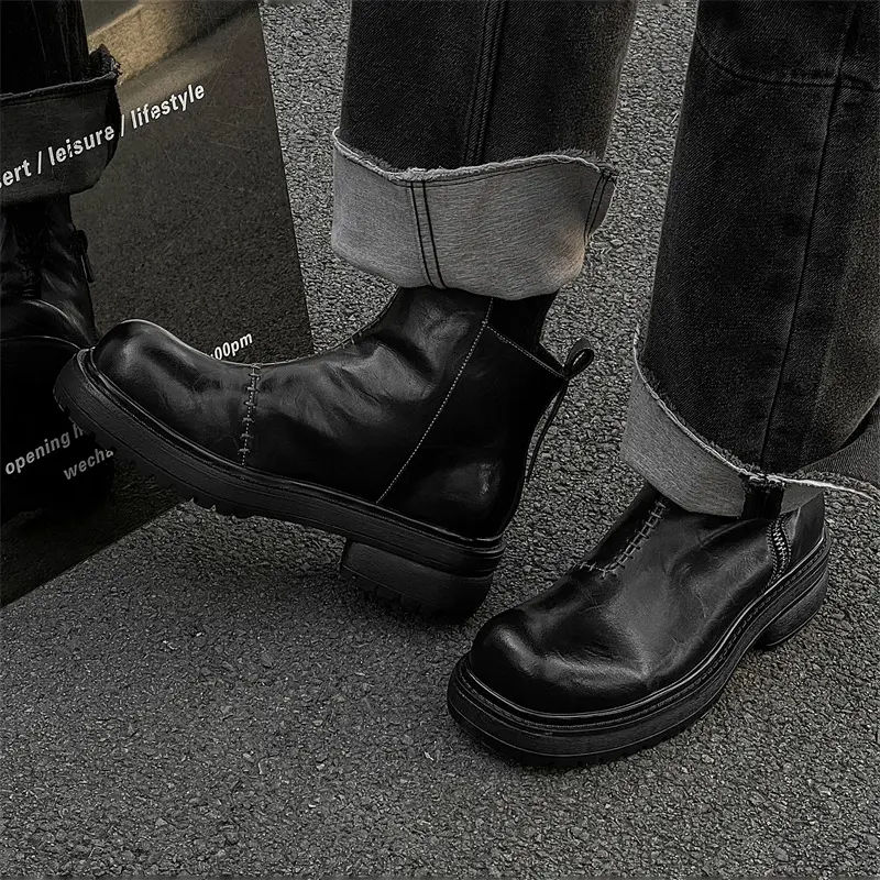 men fashion punk rock chelsea boots black genuine leather shoes big toe cowboy platform boot brand designer cool ankle botas man