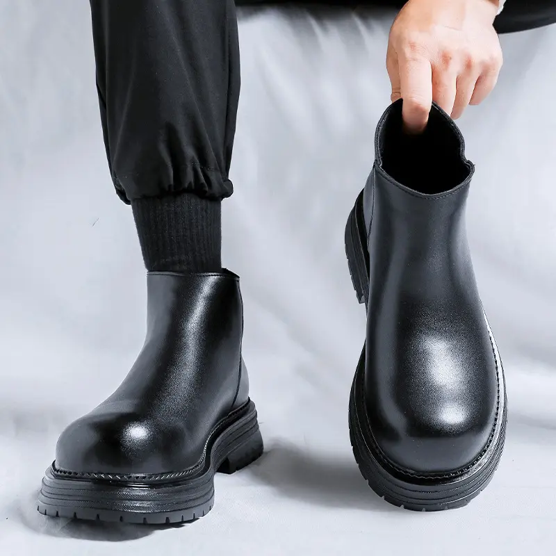 mens fashion genuine leather boots black trendy platform shoes party banquet dress cowboy ankle boot autumn winter chelsea botas